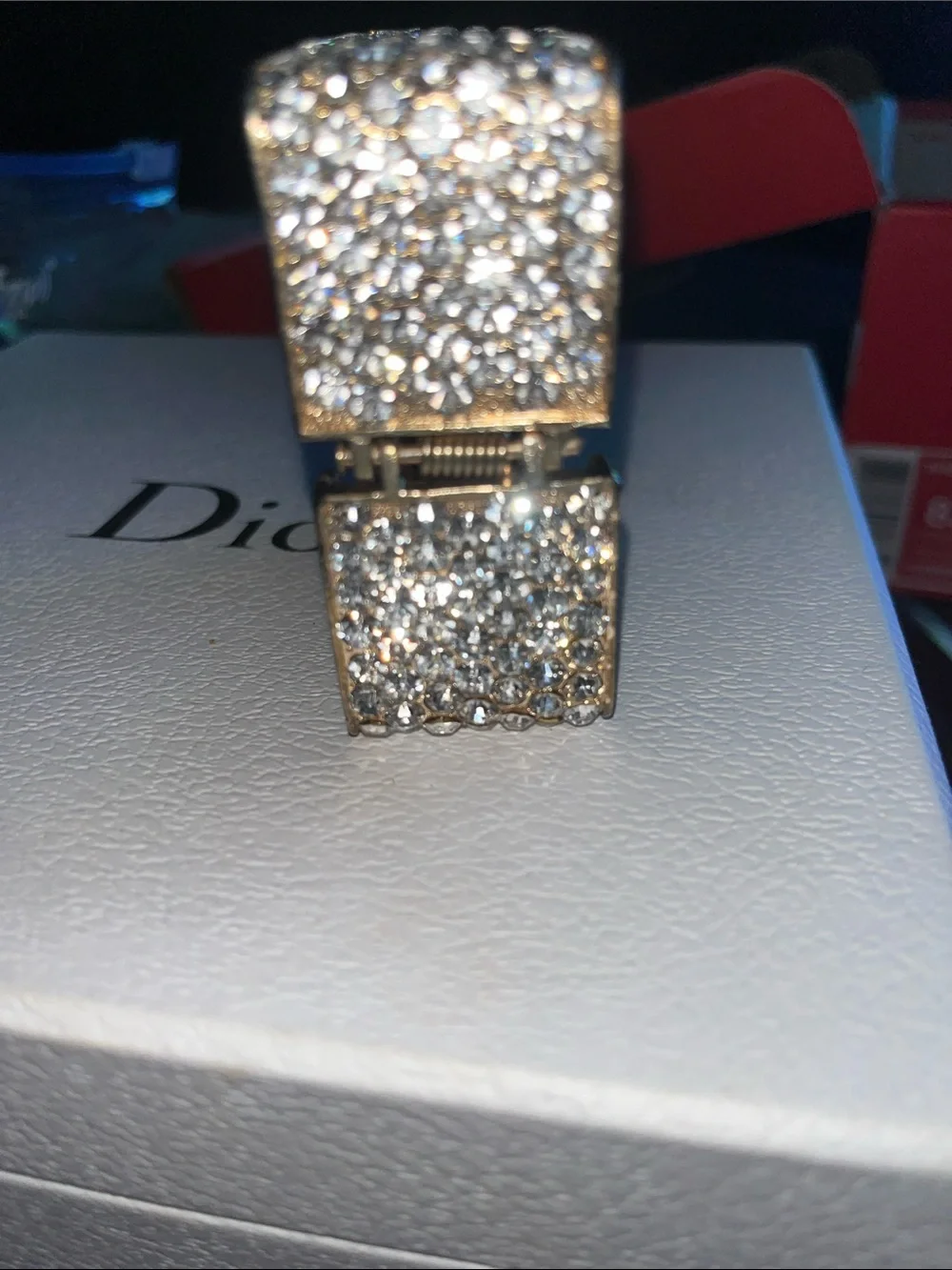 Gold-Tone Paved Crystal Square Statement Block Bracelet/Bangle- Clear Crystal